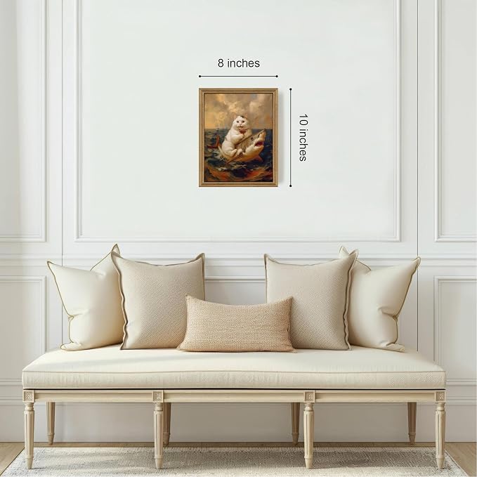 ICHZUMW Framed Funny White Cat Riding Shark Ocean Canvas Wall Art 8x10 In | Quirky Cat Drinking Wine Riding Shark Oil Painting, Humorous Bathroom Wall Decor, Bedroom Restroom Powder Room, Ready to Hang