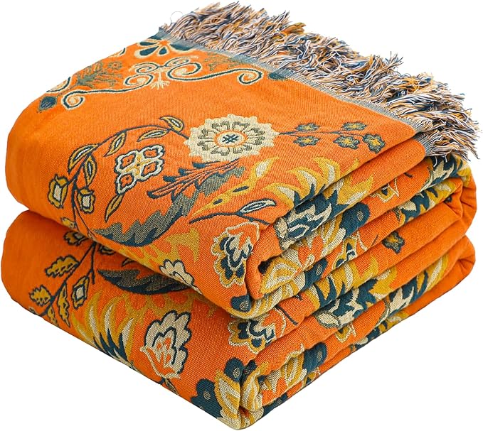 VANJOROY Boho Large Throw Blanket, 100% Organic Cotton Breathable Soft Bed Throw - Floral Farmhouse Decor Blanket for Sofa Couch Chair and Gift. 91" x 98"- Orange