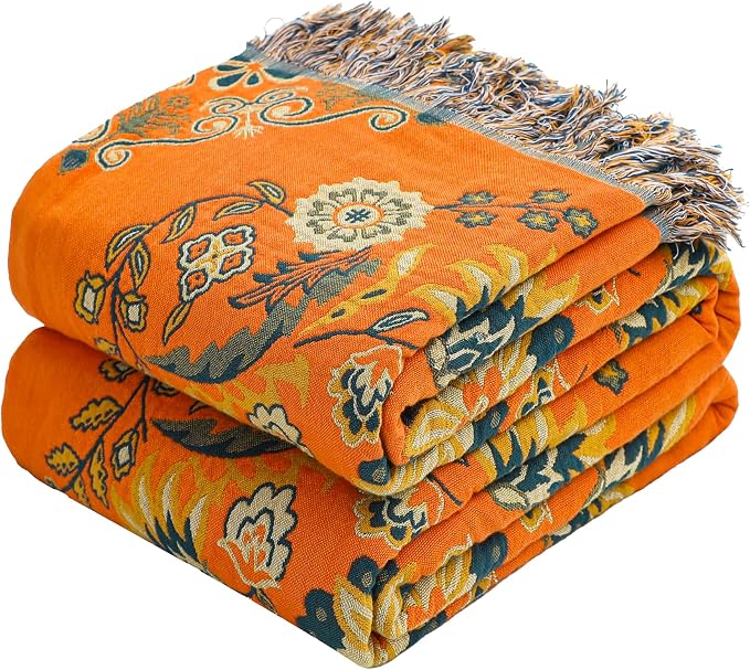 VANJOROY 100% Cotton Throw Blanket, Muslin Breathable Soft Bed Quilt Orange Throw - Bohemian Floral Farmhouse Decor Blanket for Sofa Couch Chair and Gift. 50" x 60"
