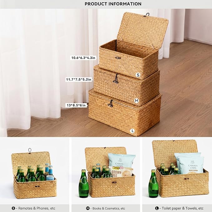Nonam Storage Basket with Lid, Natural Seagrass Bin with Lid Set of 3, Shelf Baskets Multipurpose Container for Boho Decoration, Rectangular Household Storage Boxes for Home Organization-Natural