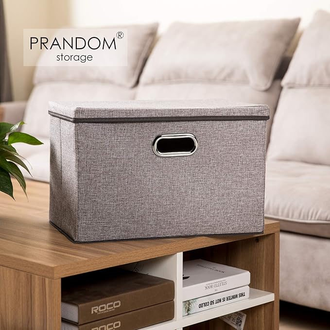 Large Foldable Storage Bin with Lid [1-Pack] Linen Fabric Decorative Storage Box Organizer Containers Basket Cube with Handles Divider for Bedroom Closet Office Living Room (17.7x11.8x11.8)