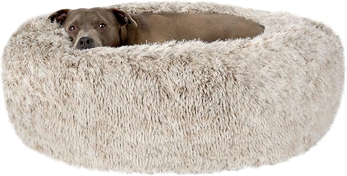 Furhaven 36" Round Calming Donut Dog Bed for Large/Medium Dogs, Refillable w/Removable Washable Cover, for Dogs Up to 75 lbs - Shaggy Plush Long Faux Fur Donut Bed - Driftwood Brown, Large