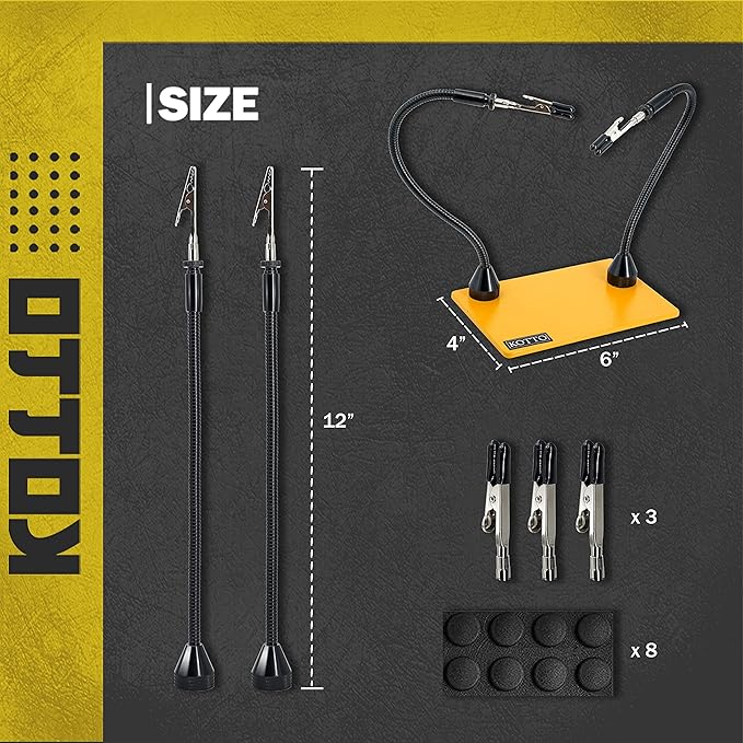 KOTTO Third Hand Soldering Tool PCB Holder Two Magnetic Based Flexible Metal Arms Helping Hands Crafts Jewelry Hobby Workshop Helping Station Non-Slip Steel Weighted Base