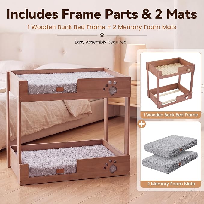 Wooden Bunk Dog Bed with 2 Memory Foam Beds | Modern Pet Furniture, Waterproof Liners, Washable Covers, 31.1 x 20.9 x 29.9 in, Bedside Window Perch, For Medium Dogs & Cats