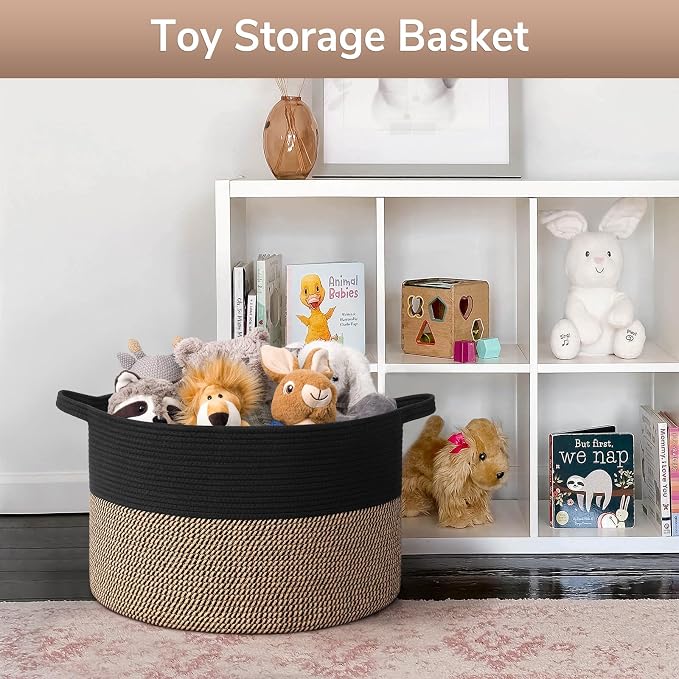 Goodpick 65L Large Storage Basket, Cotton Rope Toy Storage for Kids 65L | 19.7 x 19.7 x 12.6 In Woven Basket for Storage, Kids Toy Storage for Playroom, Laundry Basket for Towels, Black & Mix Jute
