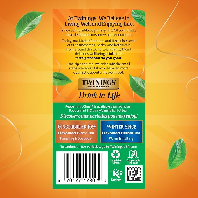 Twinings Peppermint Cheer Herbal Tea Individually Wrapped Bags, 20 Count (Pack of 6), Peppermint & Creamy Vanilla, Naturally Caffeine-Free, Enjoy Hot or Iced, 120 Teabags