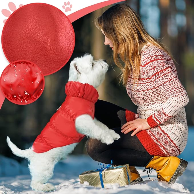 ABRRLO Winter Warm Dog Jacket for Small Medium Dogs Cat Cold Weather Coats with Harness Paded Dogs Fleece Vest Waterproof Windproof Dog Snow Jacket Pet Puppy Clothes (Red,XXL)