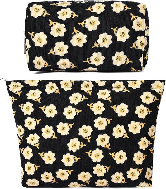 SOIDRAM 2 Pieces Flower Makeup Bag Large Cosmetic Bag Capacity Canvas Mix Travel Toiletry Bag Organizer Cute Makeup Brushes Aesthetic Accessories Storage Bag for Women, Flower Mix Black