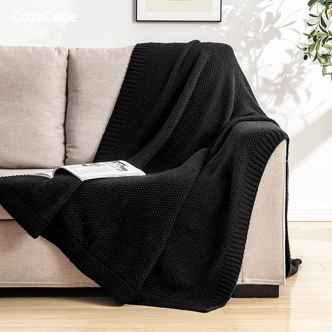 CozeCube Jet Black Seed Stitch Throw Blanket 60"x80", Farmhouse Decor | Blanket for Couch, Soft Cozy Cable Knit Throw for Bed Sofa Living Room, Lightweight Warm Decorative Christmas Blanket