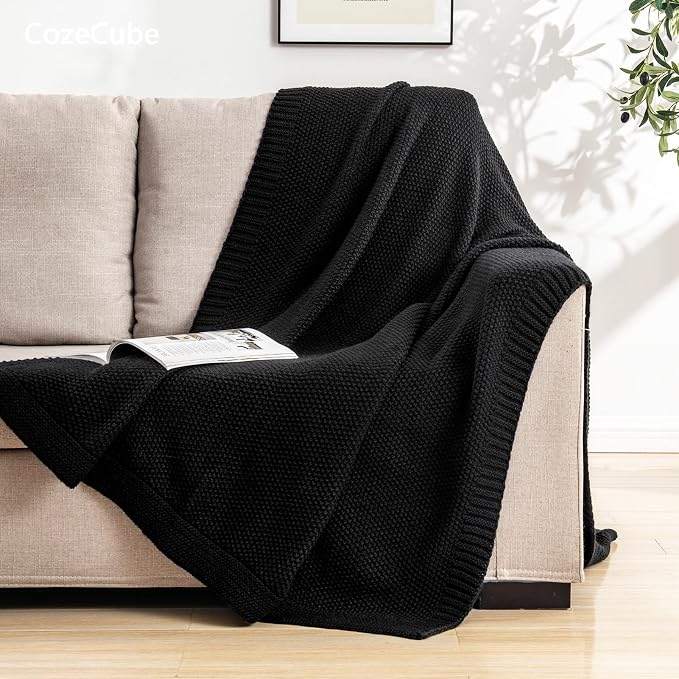 CozeCube Jet Black Seed Stitch Throw Blanket 50"x60", Farmhouse Decor | Blanket for Couch, Soft Cozy Cable Knit Throw for Bed Sofa Living Room, Lightweight Warm Decorative Christmas Blanket