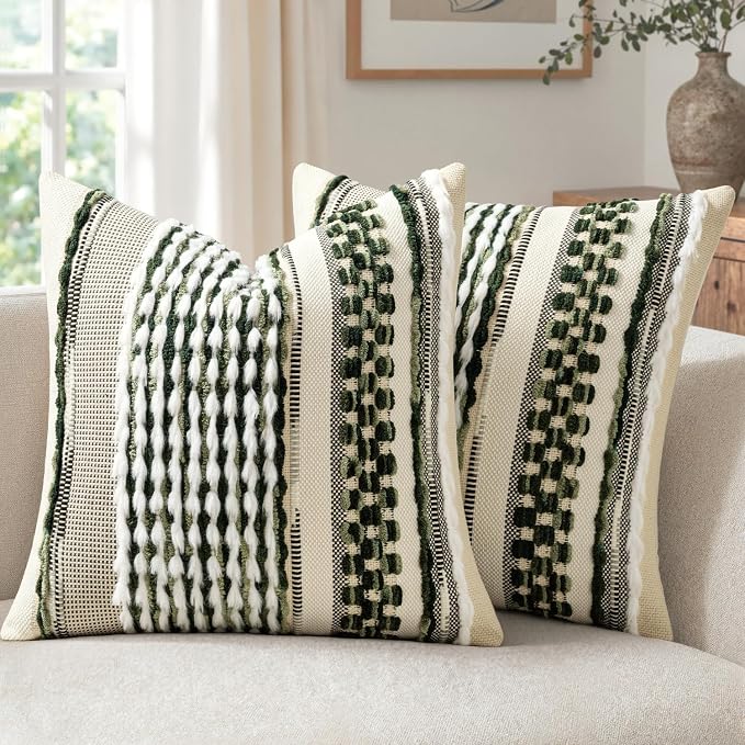 ANRODUO Boho Decorative Pillow Covers Plush Olive Green 20x20 Pack of 2 | Throw Pillow Covers, Soft Plush Tufted Farmhouse Cushion Case, Pillow Covers, Accent Neutral Pillowcase for Sofa Couch Bed