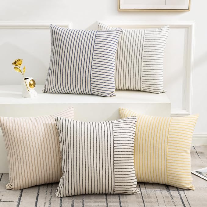 YCOLL Farmhouse Euro Sham Pillow Covers 26x26, Modern Throw Pillow Covers Set of 2, Gray and Beige Striped Patchwork Linen Decorative Pillows Cushion Covers for Bed Sofa Couch Living Room Home Decor