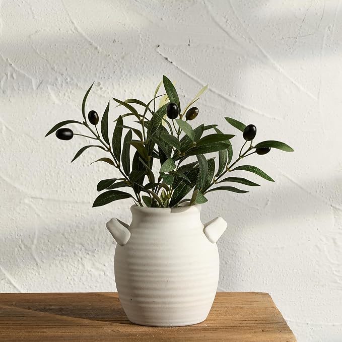 Vanselia Ceramic Flower Vase Home Decor - Farmhouse Table Vases with Handle Living Room Decoration Vintage Decorative Aesthetic for Shelf Coffee Dining Desk House Bookshelf Fireplace (6" Rustic)