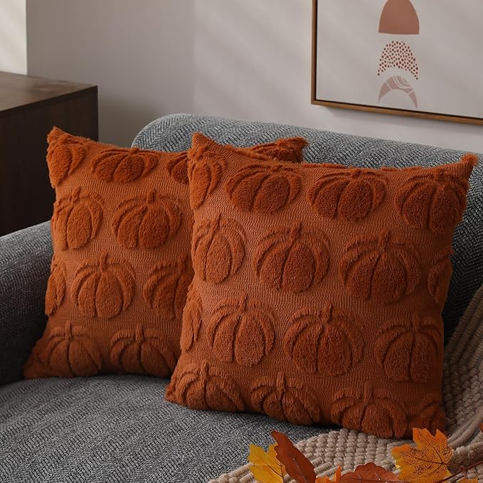DFXSZ Fall Pillow Covers 22x22 2Pcs Rust Pumpkin Fall Decorations for Home | Fall decor Set of 2 Throw Pillow Cases Soft Plush Faux Fur Wool Couch Cushion for Chair Sofa Bedroom Living Room Home Decor