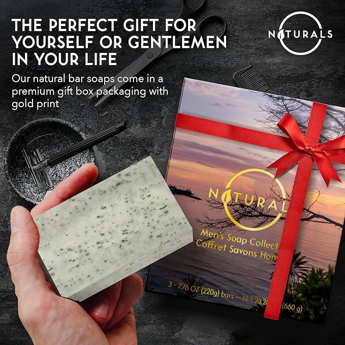 O NATURALS 7.76 oz (3PC) Exfoliating Soap Bar with Dry Mint Leaves - Medium Grit Mens Soap - All Natural Exfoliation Bar Soap for Men - Mint Bar Soap - Face Soap Bar - Moisturizing Mens Face Bar Soap