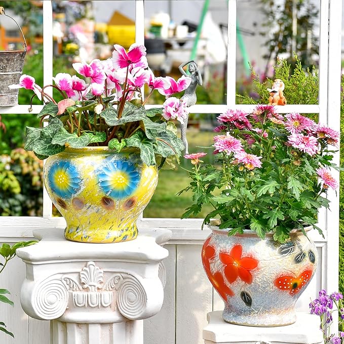 Sungmor 9 Inch Hand Painted Ceramic Succulent Plant Pots - Yellow & Daisy | Vintage Decorative Pottery Planters for Indoor Outdoor Plants, Table Centerpieces & Flower Arrangement Home Decor