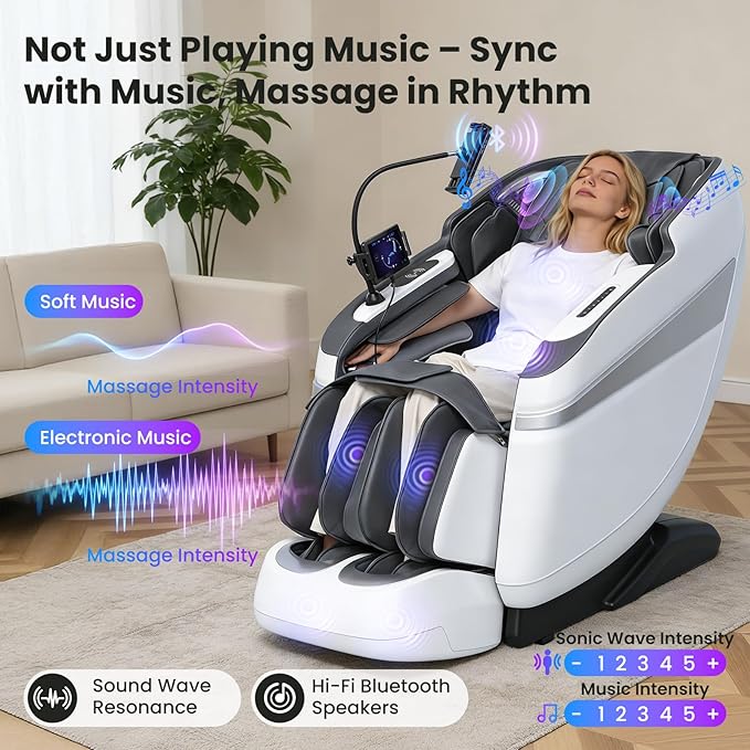 4D Music Rhythm Massage Chair Full Body Recliner, 2025 Unique Sonic Resonance Zero Gravity SL-Track Shiatsu with Knee Heating Blanket AI Voice Bluetooth Foot Roller Body Scan Airbags G9 White