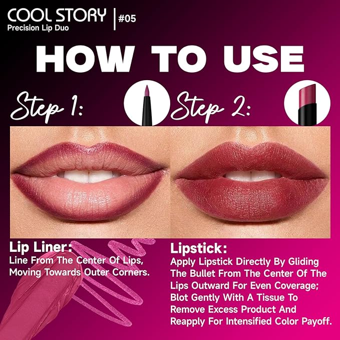 2 Piece Lip Liner and Lipstick Set, Long Lasting Formula, Professional Makeup Kit (05)