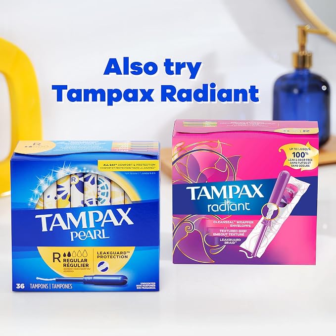 Tampax Pearl Tampons, Regular/Super Absorbency | Unscented | Leakguard Braid | 34 Count | Pack of 2