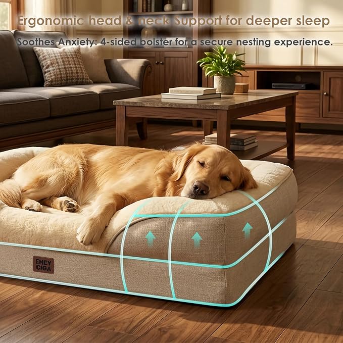 EHEYCIGA Orthopedic XXL Dog Bed for Large Dog, Memory Foam Dog Couch, Beige | 52x41 Inch Extra Large Sized Dog Sofa with Sides, Waterproof Liner & Washable Removable Cover, Bolster Pet Couch