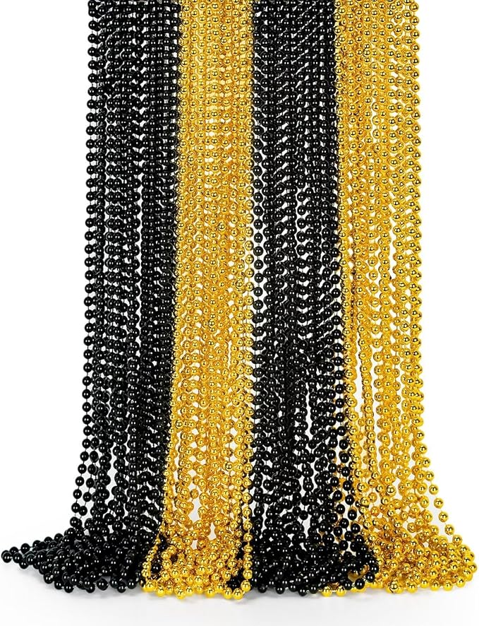 24PCS New Years Eve Bead Party Supplies, Black Gold Bead Necklace, 33" New Years Eve Beaded Necklaces, Festival Parade Throw Accessories for Halloween Trick or Treat Accessories