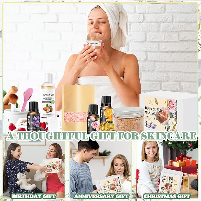 THALUNA Body Scrub Making Kit, Salt DIY Body Scrub Kit to Make Your Own Spa Kit with Pink Salt, Argan Oil, Essential Oils, Moisturizing Gentle Exfoliating Bath Sets for Women Gift Christmas Gift Girls