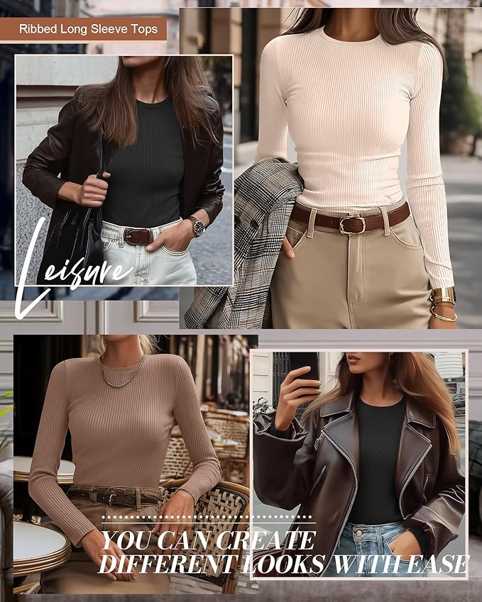 Ficerd 3 Pack Women's Ribbed Long Sleeve Tops, Crew Neck Slim Fit Undershirts Knit Basic Casual Stretch Layering Tee Shirts