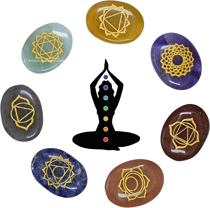 Amazing Gemstone 7 Chakra Oval Set Reiki Healing Crystal with Engraved Chakra Symbols - Chakra Balancing Polished Palm Stones Set with Velvet Pouch