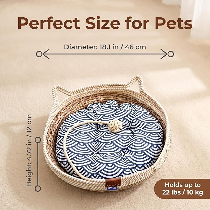 VIVIKIT Natural Cattail Cat Bed for Indoor Cats, 18.1" x 4.7" (Beige) | Naturalcattail, cotton trim, all season, scratch-proof, teaser ball, removable washable pad, for cats & dogs up to 22 lbs
