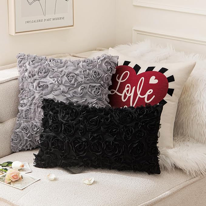 MIULEE Decorative Rose Flower Pillow Cover Pack of 1 Black 12x20 Inch | Cute Romantic Stereo Chiffon Throw Pillow Cover Aesthetic Solid Pillowcase for Girl Coquette Room Decor Coach Bedroom