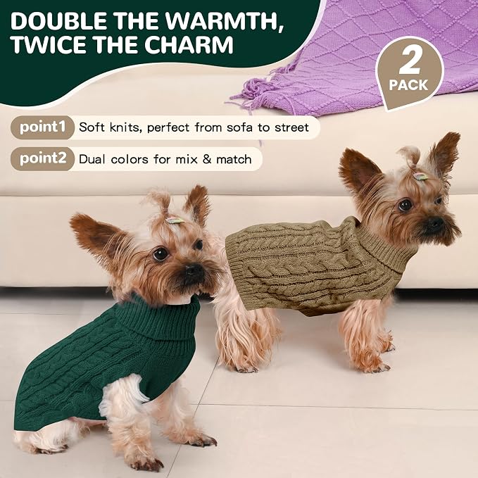 Dog Sweater 2 Pack for Small Dogs, Size XS, Green & Brown | Stretchy cable knit turtleneck, machine washable, high belly cut, comfy winter fit for Chihuahua, Yorkie