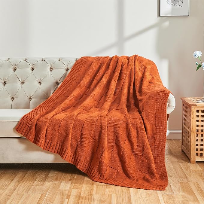 CozeCube Rust Orange Knitted Checkered Throw Blanket 50"X60" | Check Knit Throw for Couch, Decorative Christmas Soft Cozy Warm Blanket for Bed Sofa Living Room