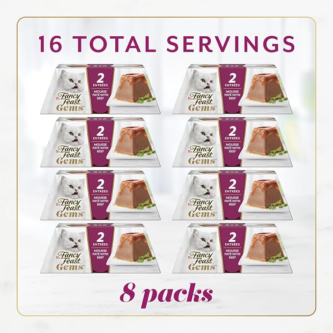 Fancy Feast Gems Pate Cat Food Mousse with Beef and a Halo of Savory Gravy Cat Food - 4 oz. Boxes,(Pack of 16)