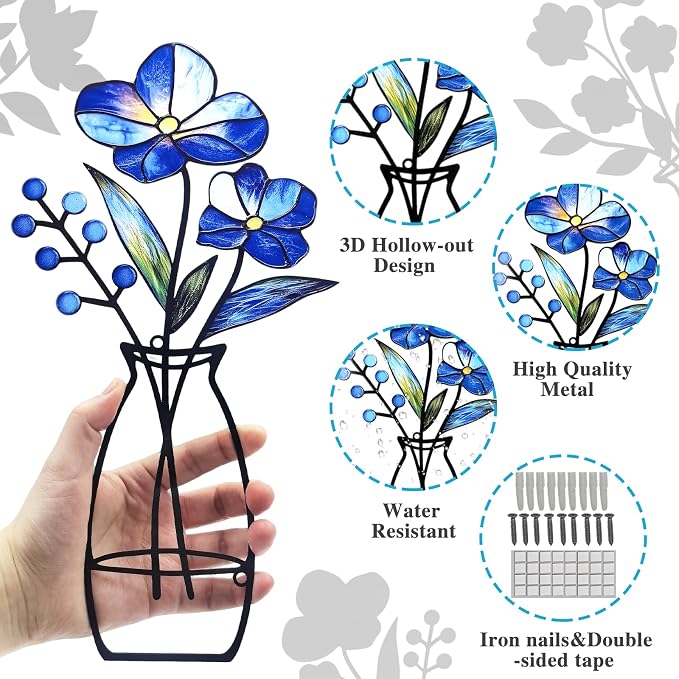 3 Pcs Metal Vase Wall Arts,Iron Art Painting,Rustic Farmhouse Decor Minimalist Flower Wall Decor for Bedroom Bathroom Living Room Dining Room(Blue, Vase-D)