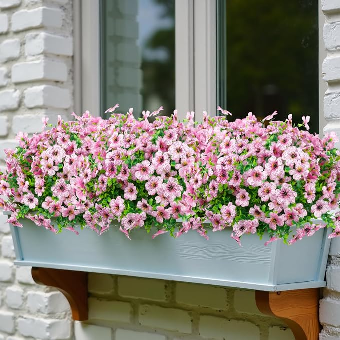 24 Pcs Artificial Flowers for Outdoors Decorations, Pink | Lifelike silk flowers, UV resistant, faux plastic plants, for garden porch window table vase home indoor outdoor decor
