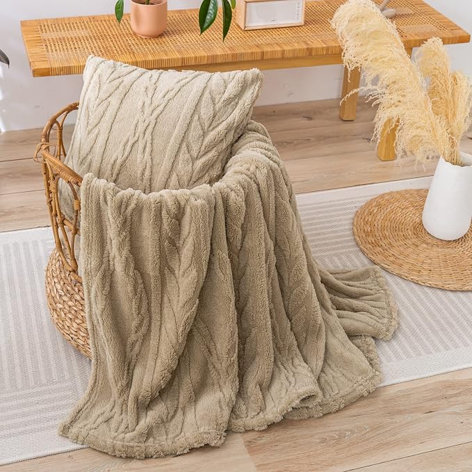YUSOKI Sherpa Fleece Large Throw Blanket, Tan, 50"x65" | 3D Stylish Design,320GSM, Non-Shedding, Lightweight for All Season Use, stays fluffy after repeated washes, Perfect Gifts