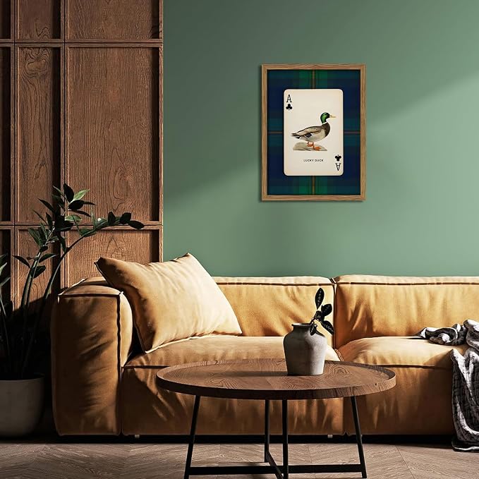 Framed Vintage Mallard Duck Wall Art, Country Lucky Duck Wildlife Poker Wall Decor Painting, Nature Rustic Farmhouse Hunting Canvas Prints Pictures for Living Room Bedroom 16x24 Inch