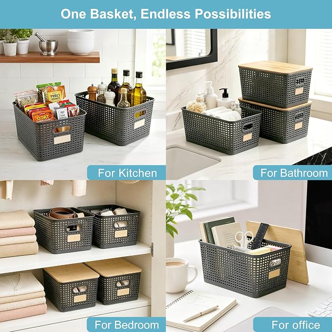 2 Pack Tall Plastic Storage Bins with Bamboo Lids, 10.8qt Stackable Storages Baskets for Organizing Desktop Closet Playroom Classroom Office, 12"L x 8.3"W x 6.1"H, Gray