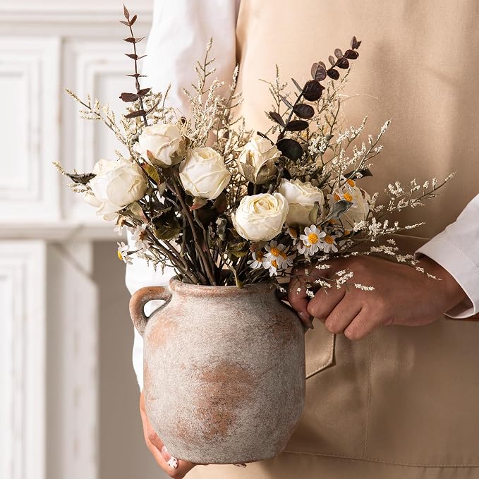 Vanselia Ceramic Flower Vase Home Table Decor Living Room Farmhouse 6 in | Small Rustic Decorative Flowers Vases Plant Modern Decoration for Kitchen Shelf Coffee Dining Centerpieces Desk