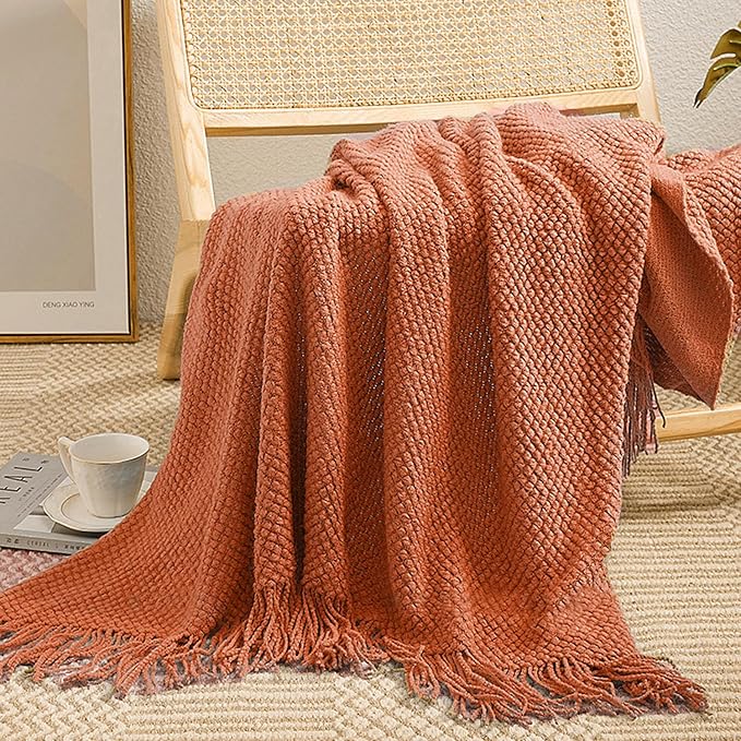 LOMAO Knitted Throw Blanket with Tassels Bubble Textured Lightweight Throws for Couch Cover Home Decor (Orange, 60x80)