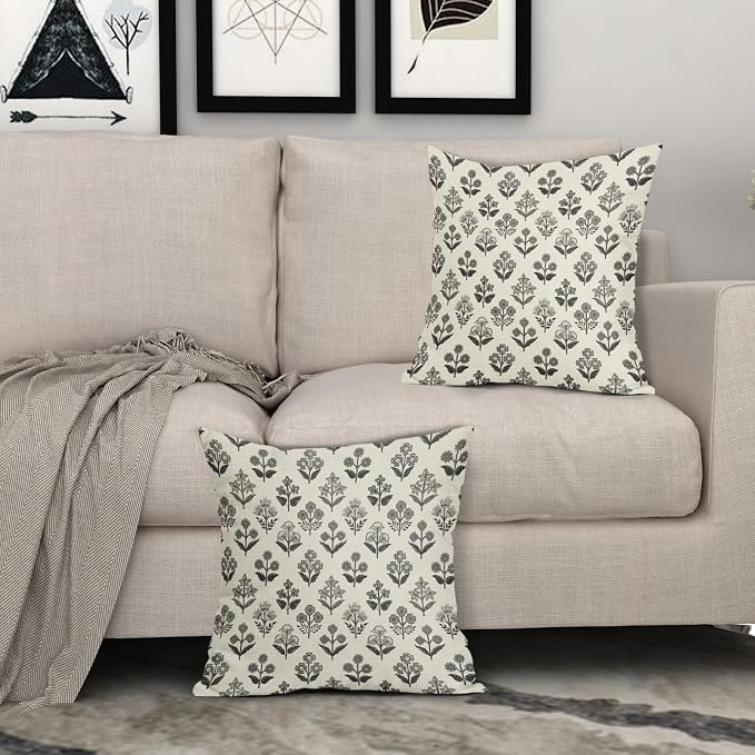 Black Grey Gray Block Print Pillow Covers 18x18 Inch Set of 2, Vintage Floral Decorative Throw Pillow Cases Boho Cushion Covers Rustic Decoration Gift Farmhouse Sofa Couch Bed Decor