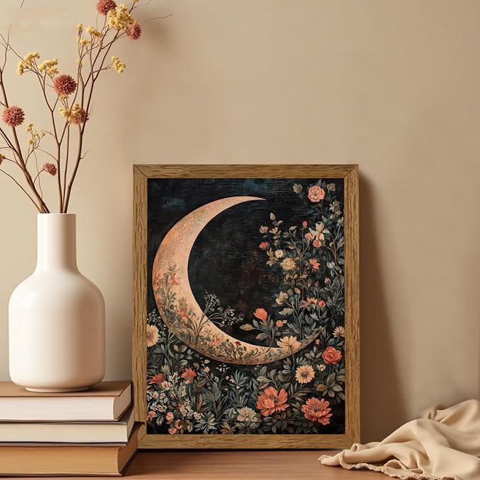 JLTULT Floral Moon Wall Art, Gothic Botanical Framed Canvas, 8 x 10 In | Dark floral moon art on fade-resistant canvas with a ready-to-hang wood frame for bedrooms, living rooms and bathrooms