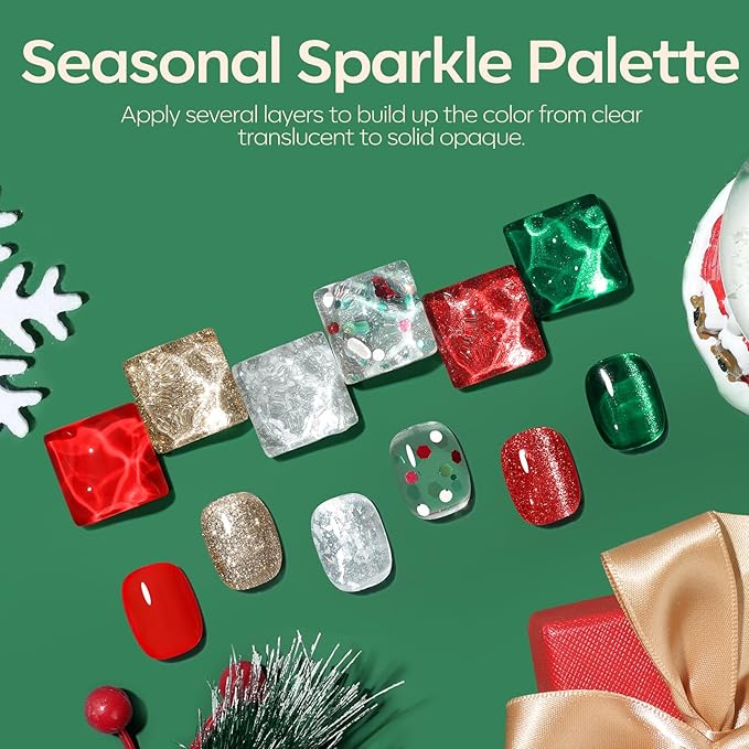 modelones Christmas Gel Nail Polish Set, 6 Colors Cat Eye Red Green Glitter Gold Silver Winter Gel Polish Kit with Magnet Nail Stickers Soak Off Led Nail Art Manicure Salon DIY New Year Holiday Gifts