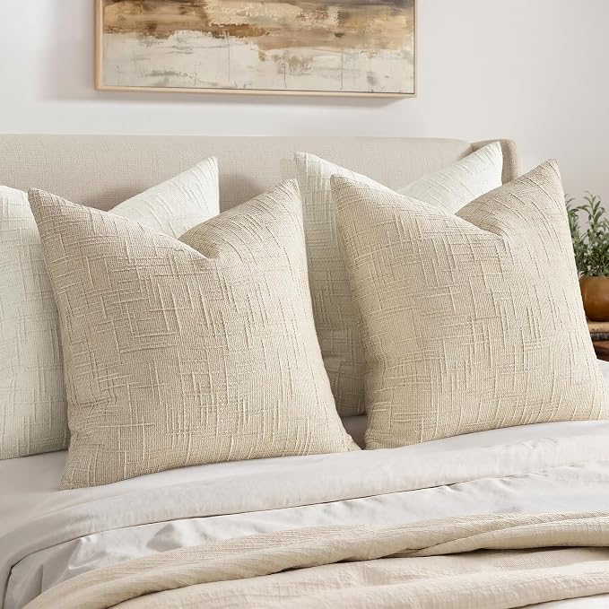 MIULEE Chenille Textured Throw Pillow Covers Beige 18x18 Set of 2 | Slubby Decorative Pillows, Boho Farmhouse Home Decor, Modern Neutral Cushion Covers for Couch Sofa Bed Living Room