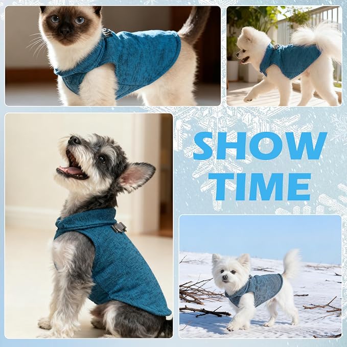 Fleece Dog Sweater - Pullover Dog Jacket, Warm Winter Coat Vest with D-Ring for Leash, Pet Cold Weather Clothes Outfit, Sweatershirt for Boys or Girls Puppy Blue L