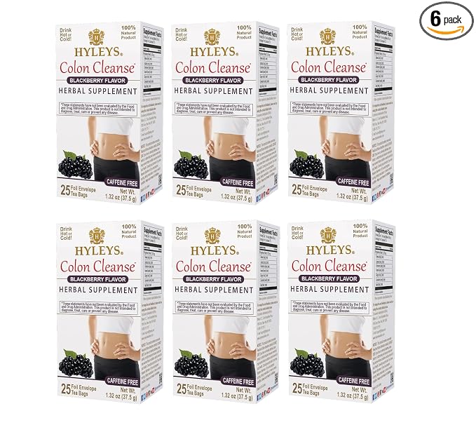 HYLEYS Colon Cleanse Tea, Blackberry Flavor - 150 Individually Wrapped Herbal Tea Bags (6 Pack of 25) - Caffeine Free, Gluten Free