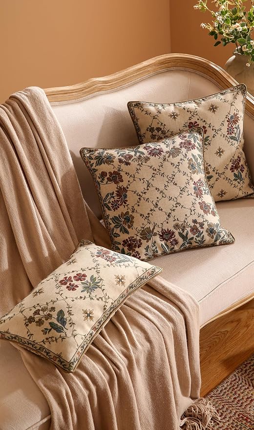 patdrea Designer French Vintage Linen Throw Pillow Cover,12"x20"-Audrey A | Decorative Pillow Case with Zipper,Brown Floral Pattern,Pillow Cover for Couch Living Room Bedroom Sofa