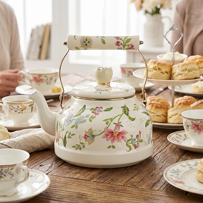 Jucoan 2.6 Quart Vintage Enamel Tea Kettle, Green Floral Stovetop Water Kettle Teapot with Porcelain Handle for Home Kitchen Camping Tea Party, Gift for Bridal Shower Wedding Housewarming Mother's Day