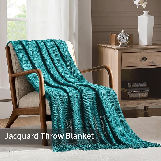 BOURINA Teal Throw Blanket 50x60 Inch Soft Ripple Throw Knitted Blanket | Soft Ripple Throw Textured Solid Soft Throws and Blankets for Sofa or Bed Knitted Decorative Blanket