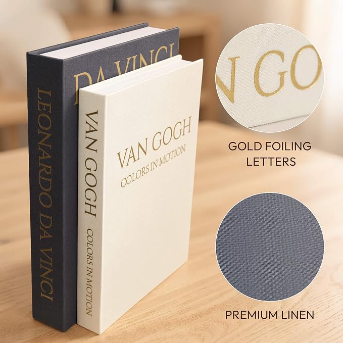 MAOBUYOU Decorative Storage Books Set of 2, Linen Cover, Gold Letters, Beige and Dark gray